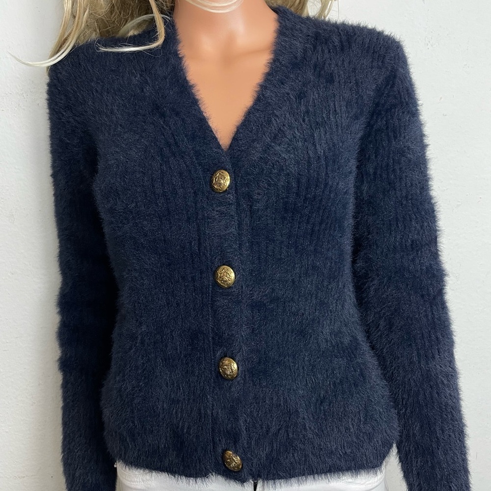 Banana Republic Sweater Cardigan Navy Blue w Gold Buttons Fuzzy sz XS